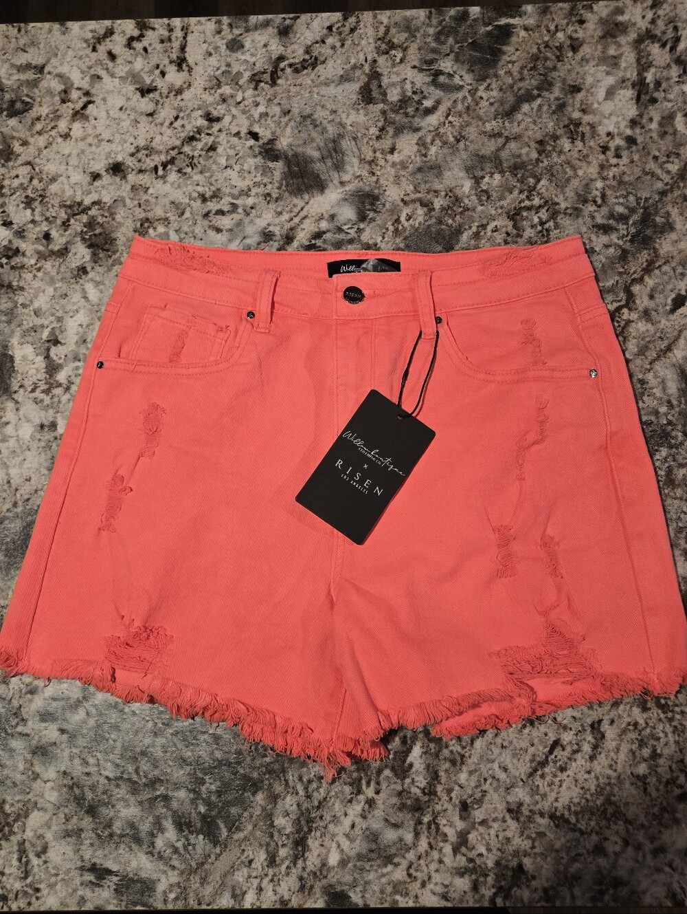 Risen- Coral Distressed High-Rise Jean Shorts